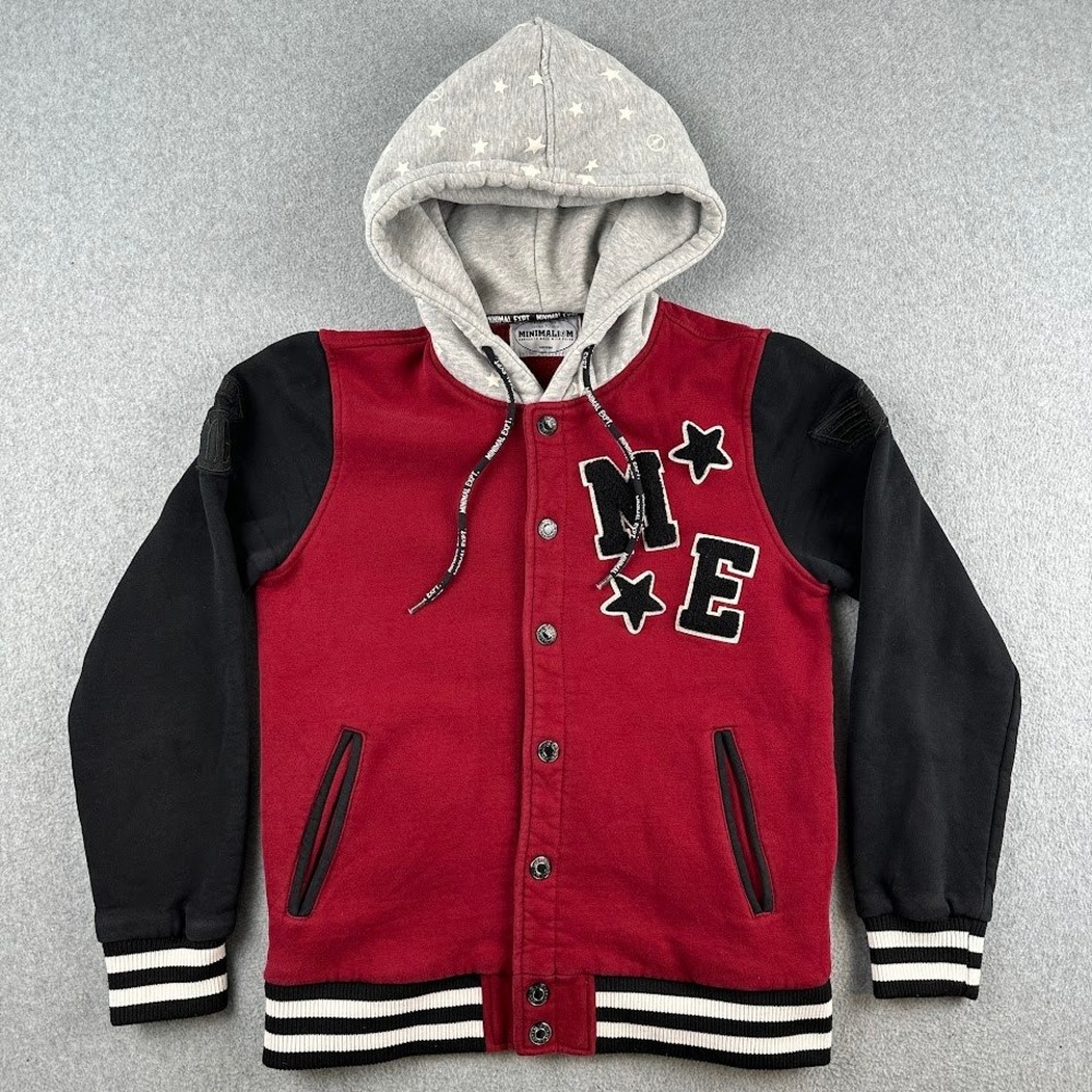 Minimalism Varsity Jacket‎ Boys M Red Minimal Experiment Hooded Letterman Patch
